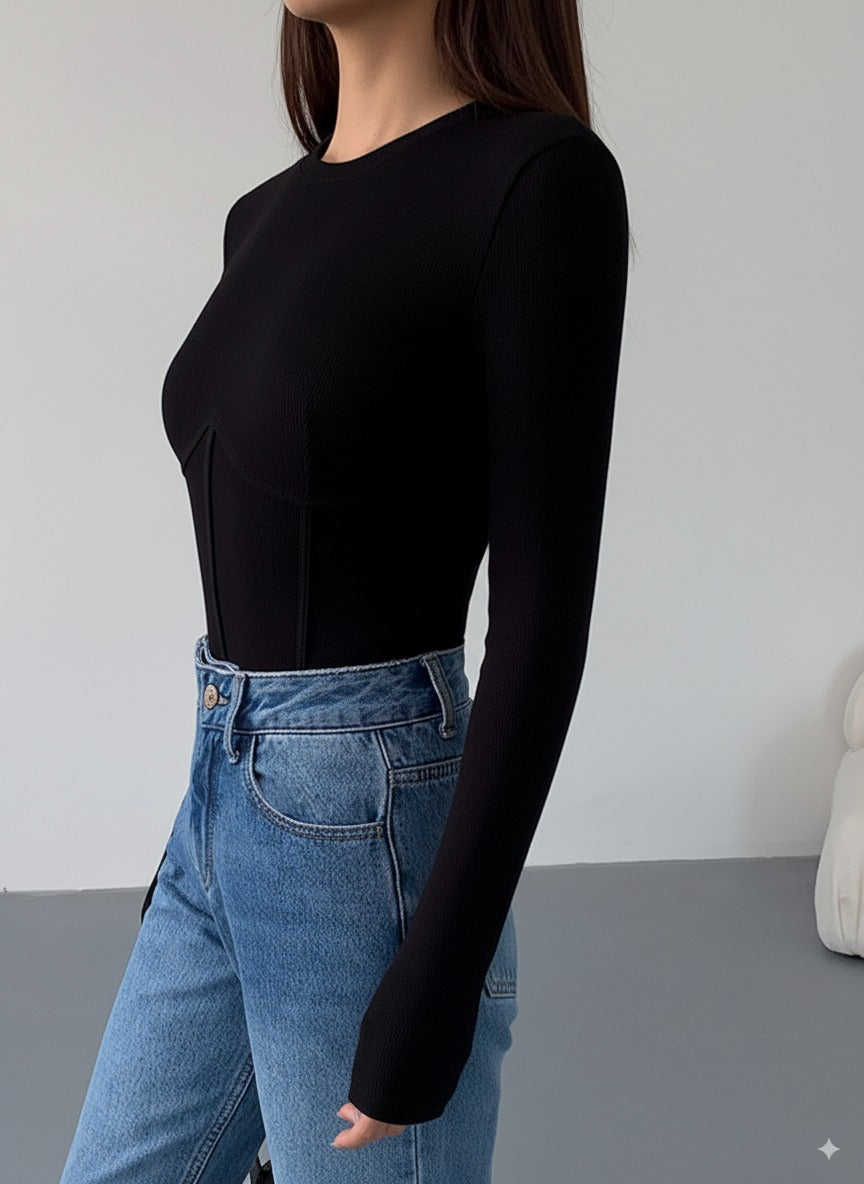 Olivia™ | Lange Mouwen Top met Mock Nek en Piping Details